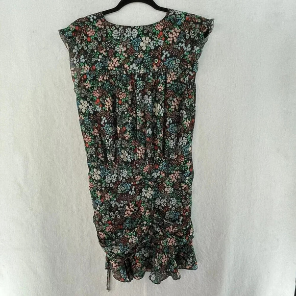 Veronica Beard Fountain Dress 8 Black Blue Ruched Short Sleeve Ruffles 100% Silk - Picture 2 of 10